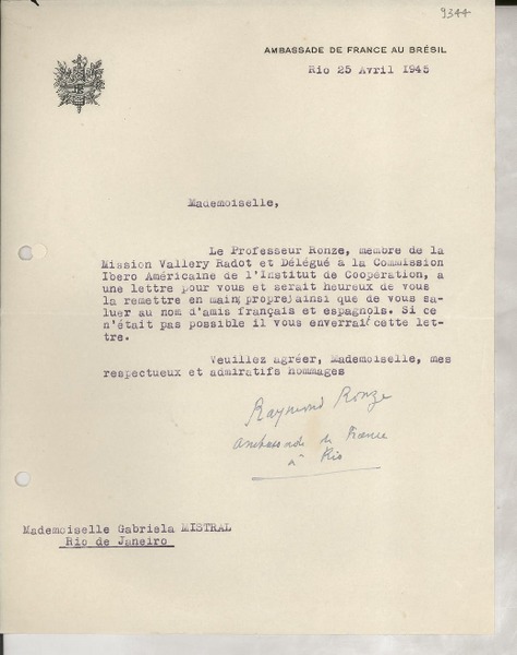[Carta] 1945 avril 25, Río de Janeiro, Brasil [a] Gabriela Mistral, Río de Janeiro
