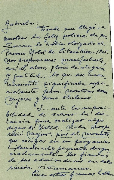 [Carta] 1946 ene. 5, Viña del Mar, [Chile] [a] Gabriela [Mistral]