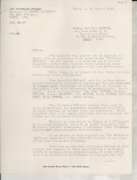 [Carta] 1946 janv. 10, Paris, [Francia] [a] Gabriela Mistral, Paris, [Francia]