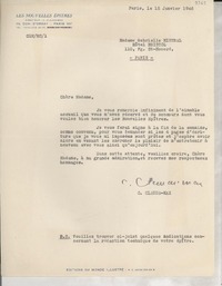 [Carta] 1946 janv. 15, Paris, [Francia] [a] Gabriela Mistral, Hôtel Bristol, Paris, [Francia]