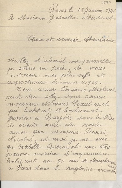 [Carta] 1946 janv. 15, Paris, [Francia] [a] Gabriella [i.e. Gabriela] Mistral, [Francia]