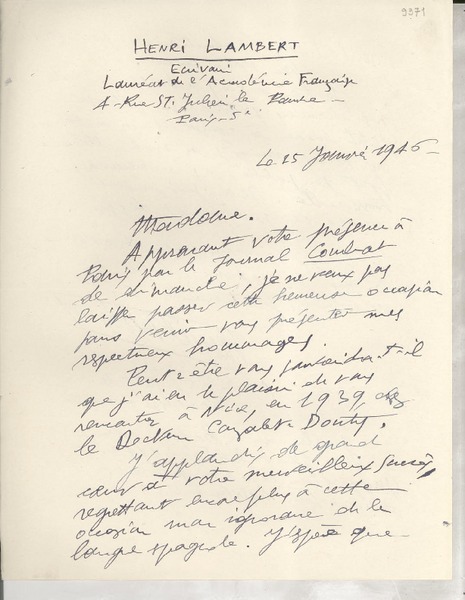 [Carta] 1946 janv. 15, Paris, [Francia] [a] [Gabriela Mistral]