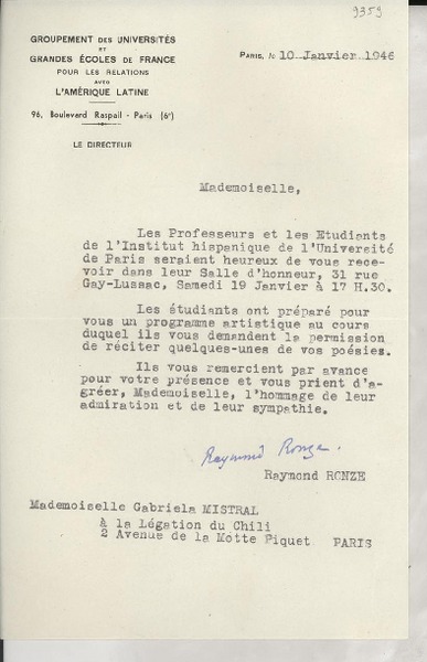 [Carta] 1946 janv 10, Paris, [Francia] [a] Gabriela Mistral, Paris