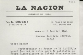 [Carta] 1946 janv. 8, Paris, [Francia] [a] Gabriela Mistral, Paris