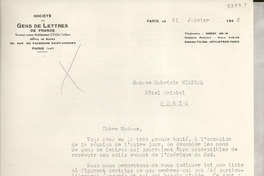 [Carta] 1946 janv. 21, Paris, [Francia] [a] Gabriela Mistral, Hôtel Bristol, Paris, [Francia]