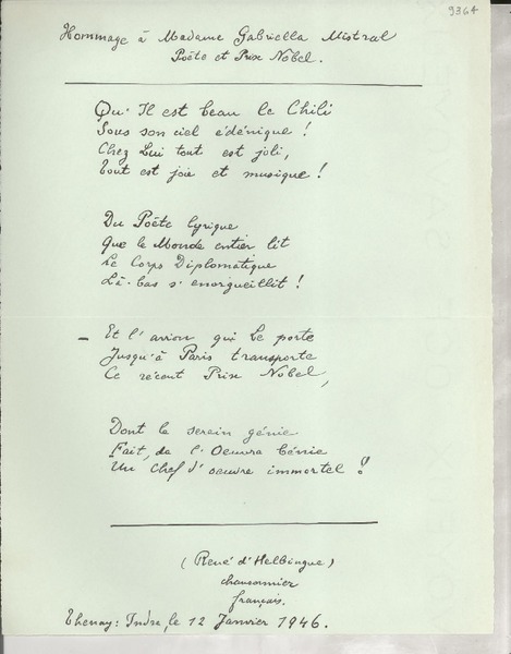 [Carta] 1946 janv. 12, Indre, [Francia] [a] Gabriela Mistral