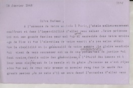 [Carta] 1946 janv. 12, Paris, [Francia] [a] [Gabriela Mistral]