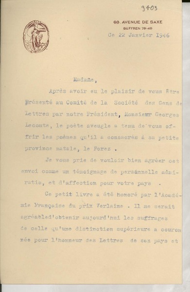 [Carta] 1946 janv. 22, [Suffren], [Paris], [Francia] [a] [Gabriela Mistral]