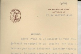 [Carta] 1946 janv. 22, [Suffren], [Paris], [Francia] [a] [Gabriela Mistral]
