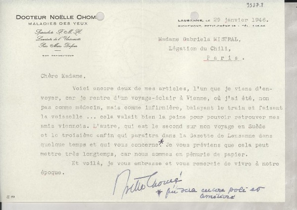 [Carta] 1946 janv. 29, Lausanne, Suiza [a] Gabriela Mistral, Paris