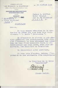 [Carta] 1946 janv. 29, Paris, [Francia] [a] Gabriela Mistral, Paris
