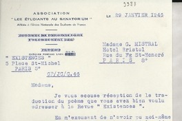 [Carta] 1946 janv. 29, Paris, [Francia] [a] Gabriela Mistral, Paris
