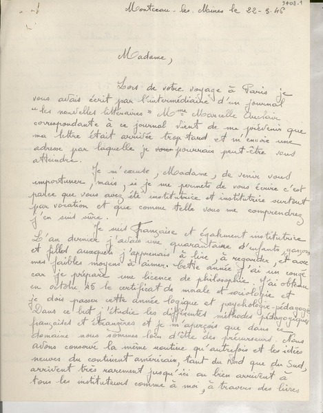 [Carta] 1946 mars 22, Montceau-les-Mines, [France] [a] [Gabriela Mistral]