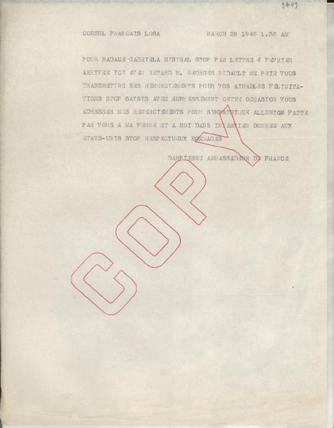 [Carta] 1946 Mar. 28, [EE.UU.?] [al] Cónsul de Francia, Los Angeles, [Estados Unidos]