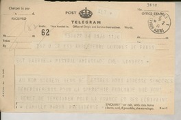 [Telegrama] 1946 mars 21, Paris, [Francia] [a] Gabriela Mistral, Londres, [Inglaterra]