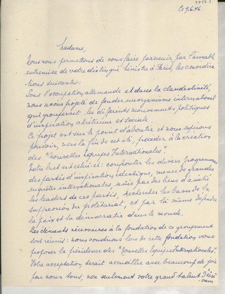 [Carta] 1946 juin 9, Francia [a] Gabriela Mistral