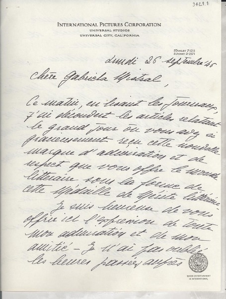 [Carta] 1946 sept. 26, Los Angeles, [Estados Unidos] [a] Gabriela Mistral