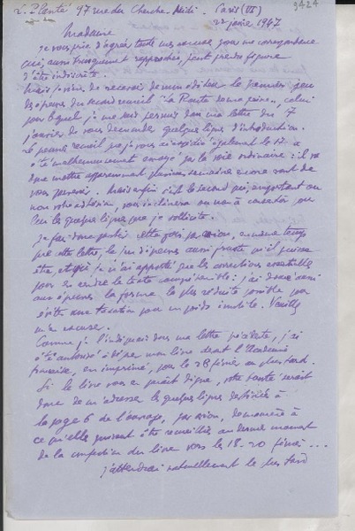 [Carta] 1947 janv. 22, Paris, [Francia] [a] Gabriela Mistral