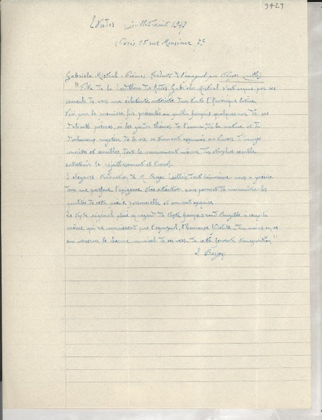 [Carta] 1947 juil., [Francia] [a] Gabriela Mistral