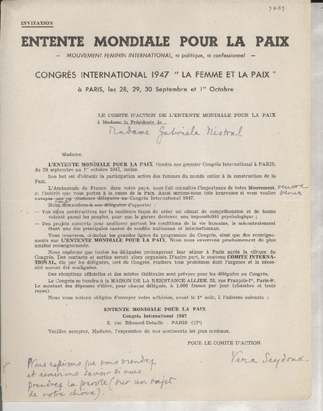 [Carta] 1947, Paris, [Francia] [a] Gabriela Mistral