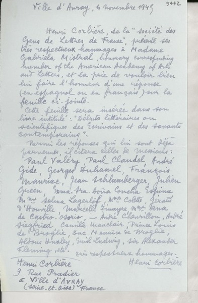[Carta] 1949 nov. 4, Ville d'Avray, France [a] [Gabriela Mistral]