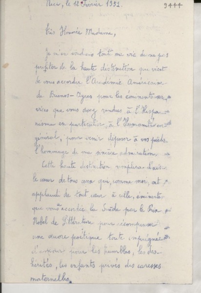 [Carta] 1951 févr. 12, Nice, [Francia] [a] [Gabriela Mistral]