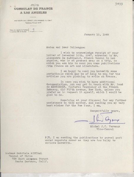 [Carta] 1948 Jan. 13, Los Angeles, California, [Estados Unidos] [a] Gabriela Mistral, Santa Barbara, California