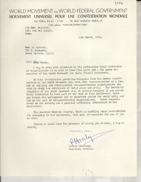 [Carta] 1951 Mar. 15, Paris, [Francia] [a] G. Mistral, Santa Barbara, Calif., [Estados Unidos]