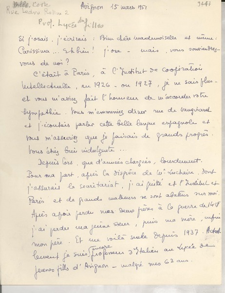 [Carta] 1951 mars 15, Avignon, [Francia] [a] [Gabriela Mistral]