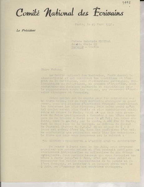 [Carta] 1951 mars 29, Paris, [Francia] [a] Gabriela Mistral, Rapallo, Italie