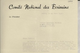 [Carta] 1951 mars 29, Paris, [Francia] [a] Gabriela Mistral, Rapallo, Italie
