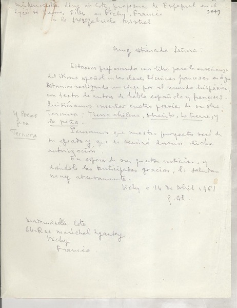 [Carta] 1951 abr. 14, Vichy, Francia [a] Gabriela Mistral