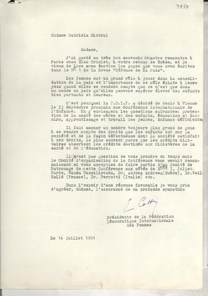 [Carta] 1951 juil 14, [Francia] [a] Gabriela Mistral