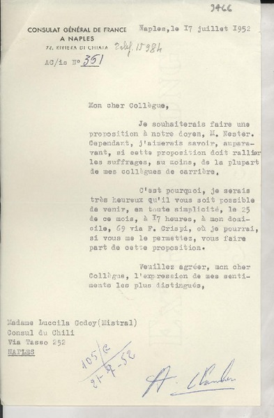 [Carta] 1952 juil. 17, Naples, [Italia] [a] Luccila [i.e. Lucila] Godoy, Naples, [Italia]