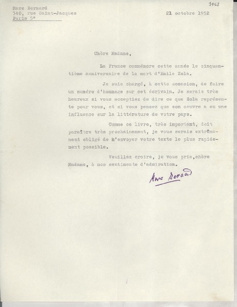 [Carta] 1952 oct. 21, Paris, [Francia] [a] [Gabriela Mistral]