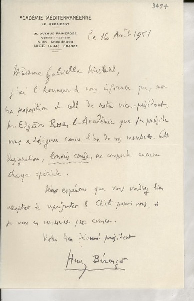 [Carta] 1951 août 16, Niza, Francia [a] Gabriela Mistral