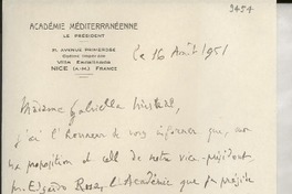 [Carta] 1951 août 16, Niza, Francia [a] Gabriela Mistral