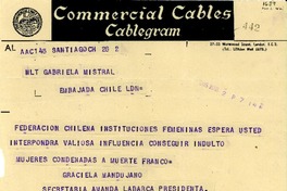 [Telegrama] 1946 mar. 2, Santiago, [Chile] [a] Gabriela Mistral