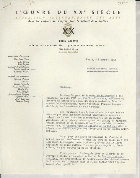 [Carta] 1952 mars 6, Paris, [Francia] [a] Gabriela Mistral
