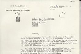 [Carta] 1952 déc. 11, Nice, [Francia] [a] Gabriela Mistral, Napoli, Italie