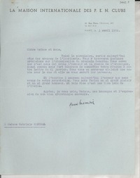 [Carta] 1952 avril 3, Paris, [Francia] [a] Gabriela Mistral