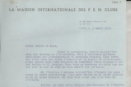 [Carta] 1952 avril 3, Paris, [Francia] [a] Gabriela Mistral