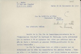 [Carta] 1952 dic. 16, Paris, [Francia] [a] Gabriela Mistral, Consulado de Chile, Nápoles, [Italia]