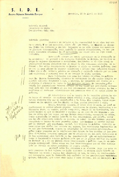 [Carta] 1946 abr. 26, Santiago [a] Gabriela Mistral, Los Angeles, California, USA