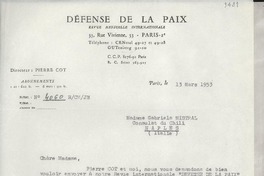 [Carta] 1953 mars 13, Paris, [Francia] [a] Gabriela Mistral, Naples, Italie
