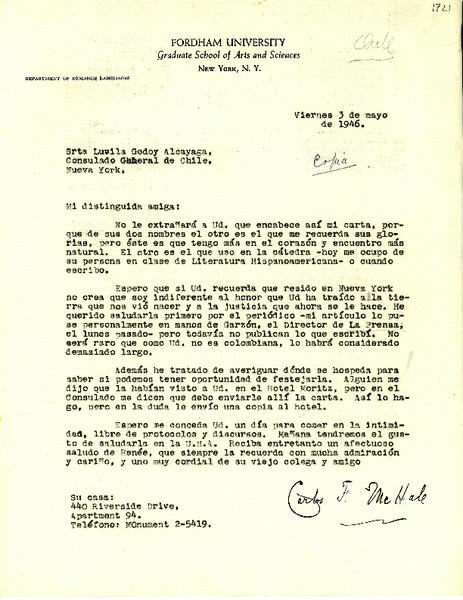 [Carta] 1946 mayo. 3, [Nueva York] [a] Lucila Godoy Alcayaga, Nueva York