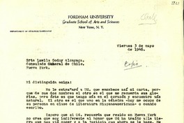 [Carta] 1946 mayo. 3, [Nueva York] [a] Lucila Godoy Alcayaga, Nueva York