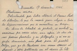 [Carta] 1945 nov. 17, Bruxelles, [Bélgica] [a] Gabriela Mistral, Buenos Aires, [Argentina]