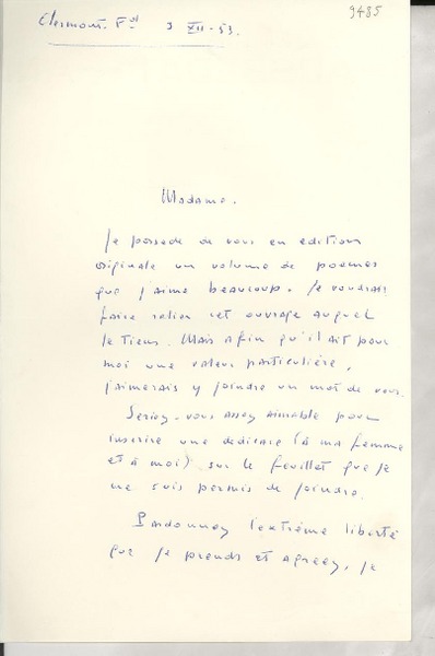 [Carta] 1953 déc. 3, Clermont, Francia [a] Gabriela Mistral