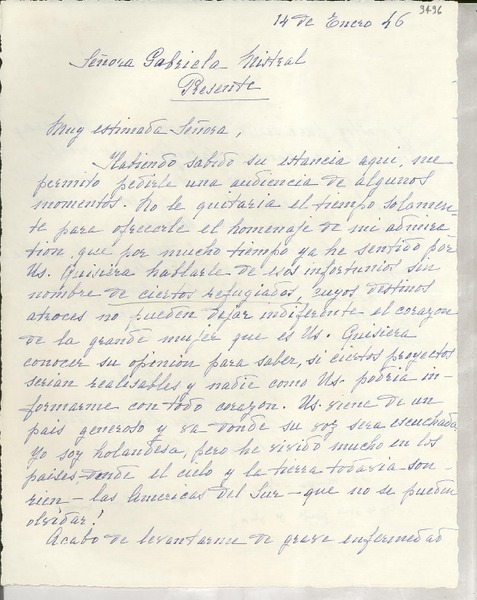 [Carta] 1946 ene. 14, [Bélgica] [a] Gabriela Mistral